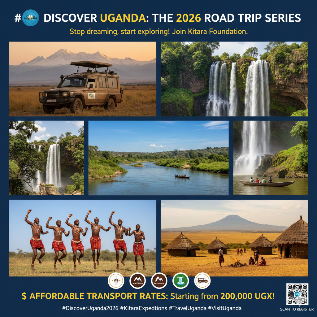 🌍 DISCOVER UGANDA: THE 2026 ROAD TRIP SERIES
Stop dreaming, start exploring! Join Kitara Foundation as we traverse the hidden gems of the Pearl of Africa. New friends, epic views, and cultural vibes await.
📍 PICK YOUR ADVENTURE:
•	FEB: The Northern Frontier (Gulu, Kitgum, Koboko, Arua, Nebbi)
•	MAY: Wild Karamoja & Lango (Kotido, Moroto, Soroti)
•	JULY: Kalangala Island Escape (White Sands & Sunsets)
•	AUG: Eastern Champions (Sipi Falls, Tororo Rock, Jinja)
•	NOV: Western Majesty (Crater Lakes, Bunyonyi, Rwenzori)
💰 AFFORDABLE TRANSPORT RATES: Starting from 200,000 UGX only!
✨ WHY JOIN US? ✅ Safe, comfortable travel | ✅ Community-led experiences | ✅ Scenic routes | ✅ Budget-friendly flexibility

