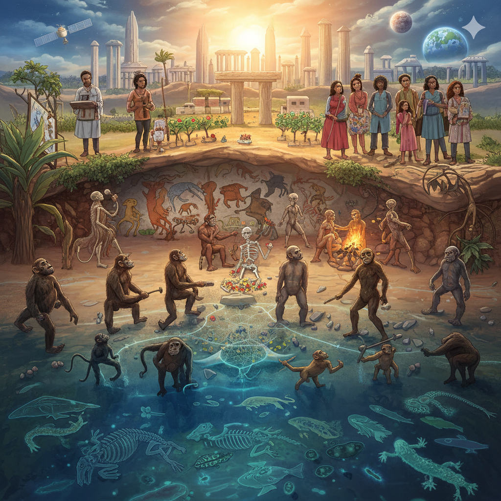 The Common Links: Patterns of Emergence
While creation and evolution are often framed as opposites, they share a striking structural "DNA":
•	Order out of Chaos: Both narratives begin with a void or a primitive state (the "formless deep" in Genesis vs. the "primordial soup" in biology) and move toward increasing complexity.
•	The Sequential Ladder: Genesis describes a specific order: light, water, plants, aquatic life, land animals, and finally, humans. This mirrors the broad evolutionary timeline: the Big Bang, the formation of oceans, the emergence of photosynthesis, the transition from sea to land, and the eventual rise of primates.
•	The "Dust" Factor: Genesis 2:7 says man was formed from the "dust of the ground." Modern science confirms that every element in our bodies—carbon, nitrogen, oxygen—was forged in the hearts of dying stars. We are, quite literally, organized "dust."
4. When Does the "Image of God" Enter?
Theological and scholarly opinions differ on when the Imago Dei (Image of God) was "installed," so to speak:
•	The Theological View: Many theologians argue that the Image of God isn't about physical appearance, but about consciousness, morality, and stewardship. From this perspective, God may have used the evolutionary process to prepare a biological "vessel," and at a specific point in history (symbolized by Adam), breathed a soul into it.
•	The Scholarly/Evolutionary View: Anthropologists look at the "Cognitive Revolution" (roughly 50,000 to 70,000 years ago). This is when humans suddenly began creating art, burying their dead with rituals, and using complex language. This "leap" in consciousness is where scholars see the birth of the "spiritual" human.